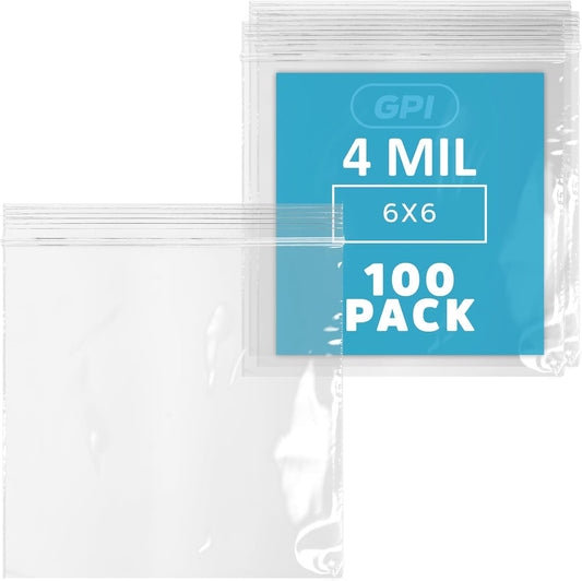 CLEAR PLASTIC ZIP SANDWICH BAGS - Bulk GPI Pack Of 100 6" x 6" 4mil Thick Heavy Duty, Strong & Durable RECLOSABLE Poly Baggies With Resealable Zipper Lock For Travel, Storage, Packaging & Shipping