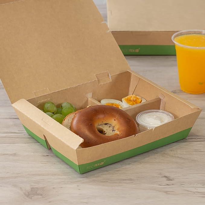 Restaurantware-Eco Tek 50.7 Ounce To Go Boxes, 100 Bento Boxes - 3 Compartments, Tab Lock Closure, Kraft and Green Paper Take Out Box, PLA Lining, For Restaurants or Parties - Image 5