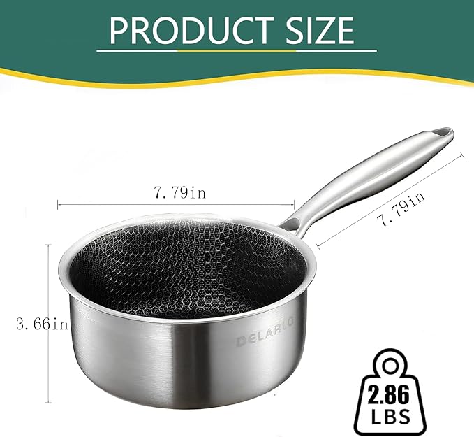 DELARLO Tri-Ply Stainless Steel Hybrid Non Stick Saucepan 2.5 Quart - Image 3