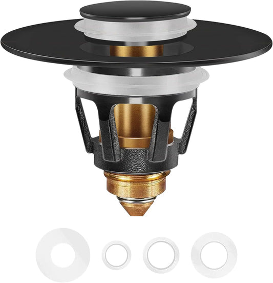 Universal Bathroom Sink Stopper in Brass, 1.04-1.97 Inch Pop Up Basin Sink Drain Stopper, Sink Drain Strainer with Anti Clogging Filter Hair Catcher, Black