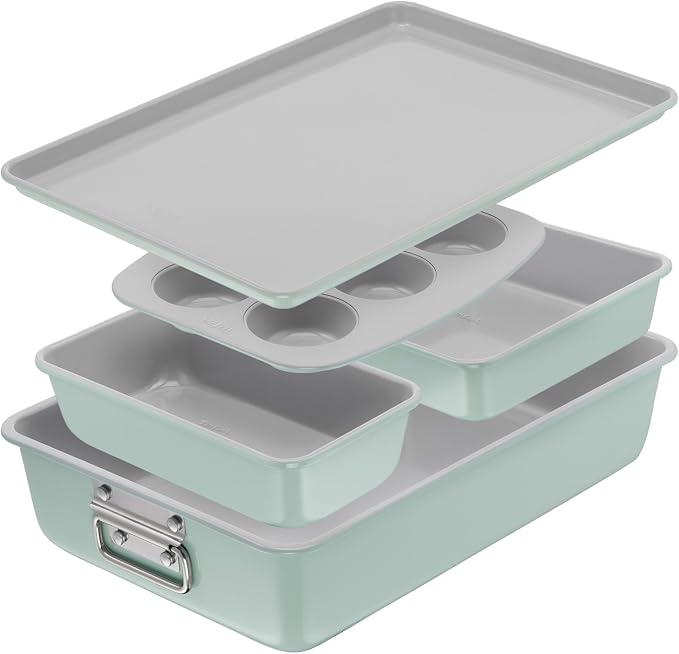T-fal Refresh Ceramic Nonstick Baking Pans Set (5 Pieces), Roaster, 6-Cup for Muffins, Loaf, Square Baking Sheets Non Stick, Stackable Bakeware Sets, Mint Green by T-falbrand