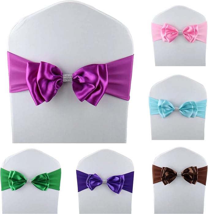 12 PCS Double Bows Stretch Chair Sashes, for Wedding Party Chair Cover Decoration, Spandex Stretch Chairs Bands (Pack of 12 Fuchsia) - Image 2