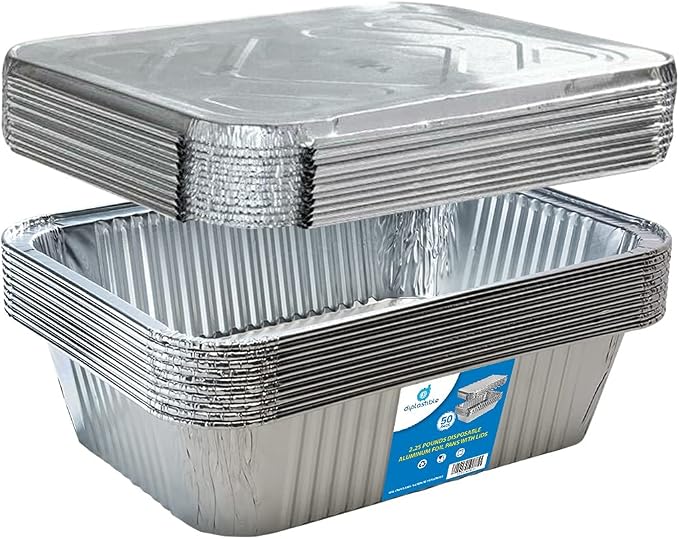 Diplastible Oblong Disposable Aluminum Pans with Lids - 50 Pack - 8.5 x 6 x 2.5 in 5-lb Pan with Foil Covers Perfect for Baking Cooking Food and Storage Container by Diplastible