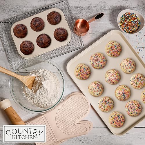 Country Kitchen Nonstick Stackable Bakeware Set - Deluxe Heavy Duty, Durable, Easy Release Baking Set, Taupe, 13 Pcs with Handles - Image 3