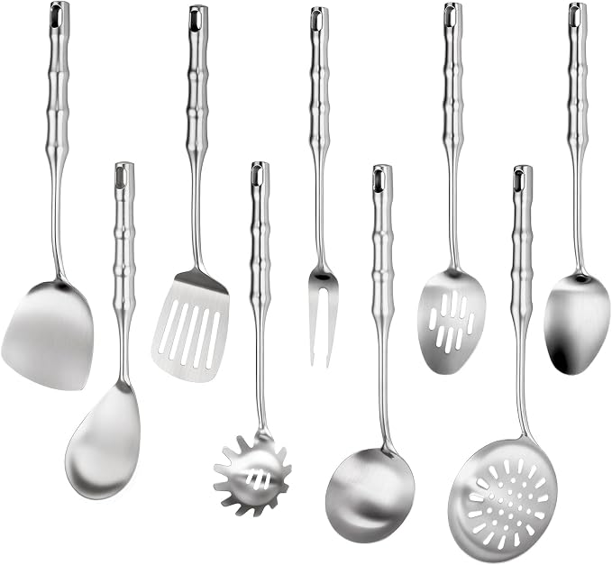 18 10 Stainless Steel Cooking Utensils Set,9pcs Kitchen Utensil Sets Metal 14 inch Long Heavy Duty Kitchen Tools Dishwasher Safe, Include Spatula Soup Ladle, Slotted Skimmer Spoon, Spaghetti by Unknown