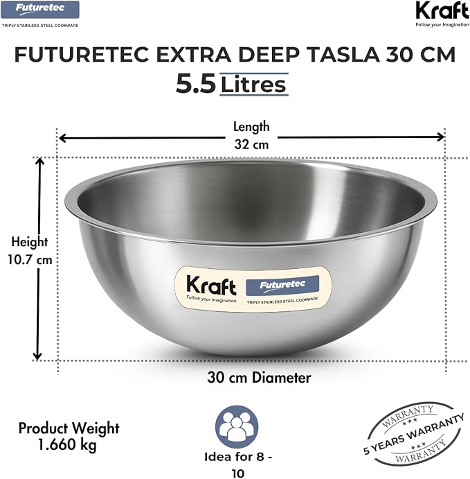 Kraft Futuretec Triply Tasla Stainless Steel Extra Deep 5.5L 30cm 3 Ply 2.5mm Thick Deep Kadai for Cooking/Induction and Gas Base - Image 8