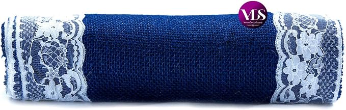 VDS Pack of 15, Burlap Table Runner with White Lace Edge, 100% Natural Jute Rustic Hessian Table Cloth Centerpiece for Wedding Birthday Party Banquet Table Decoration (Size 12X108 Inch)(Royal Blue) - Image 4