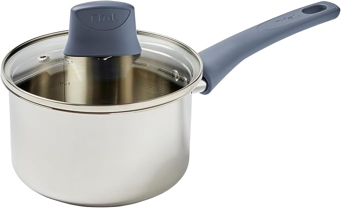 T-fal Essentials Stainless Steel Sauce Pan with Lid 3.2 Quart, All Cooktops Including Induction, Oven Safe 350F, Multipurpose Saucepan, Chef's Classic Pot,Measuring Marks, Dishwasher Safe Silver/Blue by T-falbrand