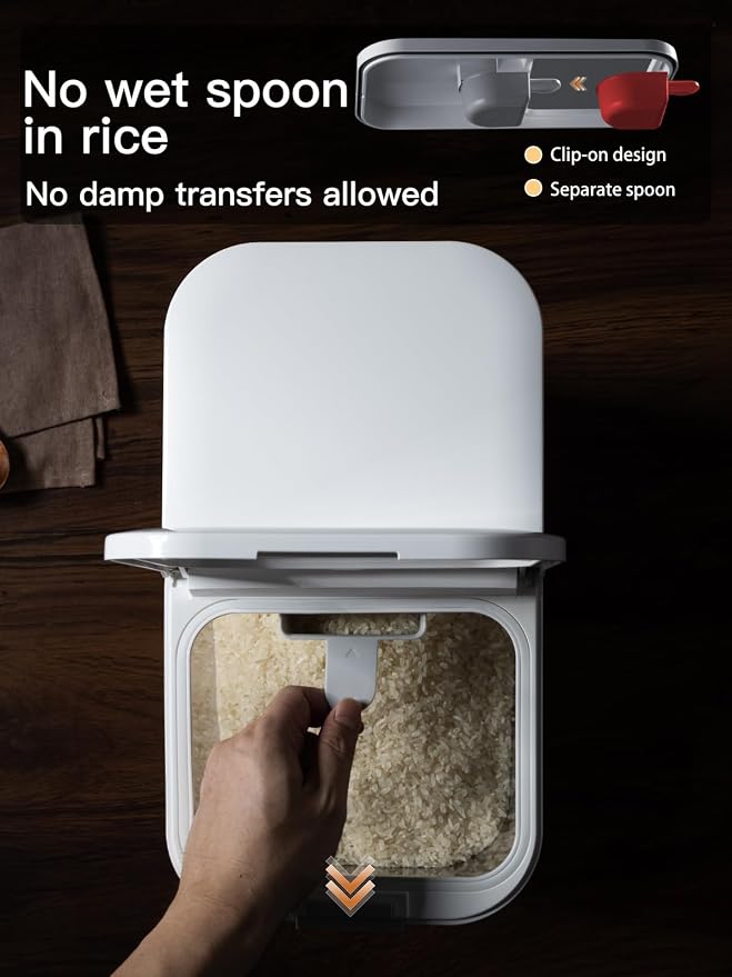 LivLab Mker 20-25 lbs Rice Dispenser with measuring spoon - Rice Container | 11.4Qt/12L Large Airtight Food Storage Rice Container for Cereal, Flour - BPA-Free PET, Slim Space-Saving - Image 8