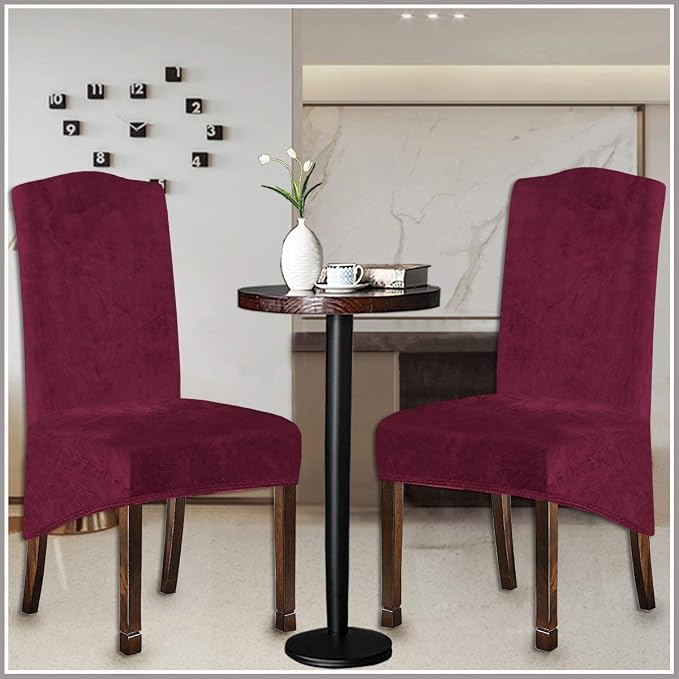 Velvet Plush XL Dining Chair Covers, Stretch Chaircover, Spandex High Chairs Protector Covers Seat Slipcover with Elastic Band for Dining Room,Wedding, Ceremony, Banquet (Wine Red, Set of 2) - Image 5