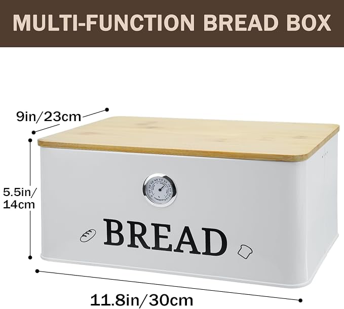White Bread Box for Kitchen Countertop, Bamboo Lid with Hygrometer - Image 2