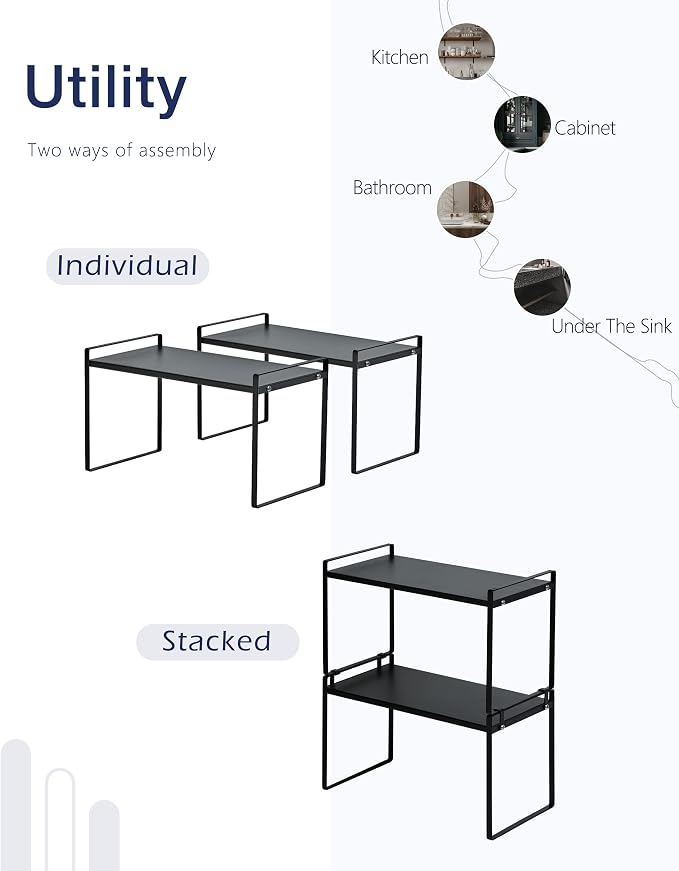 Nxconsu Stackable Cabinet Shelf Organizer 2 Pack, Wide Tall Black | Heavy-Duty 3mm Steel Stackable 2-Tier Shelf, Holds 50 lb, for Kitchen Cabinet Pantry Cupboard Counter Bathroom Under Sink - Image 5