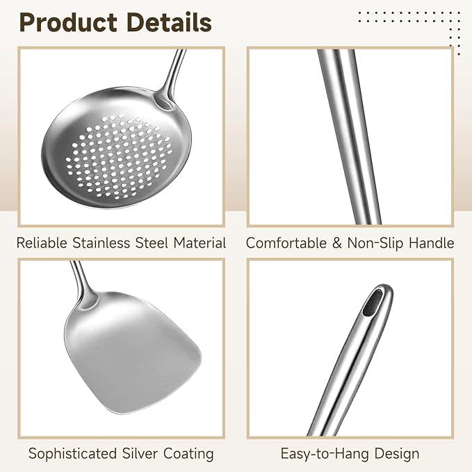 12 Pcs Stainless Steel Cooking Utensil Set - Wok Spatula, Soup Ladle, Slotted Spoon, Pasta Server, Rice Spoon, Frying Spatula Turner, Tongs 9 inch & 12 inch for Cooking, Baking, Serving - Image 3