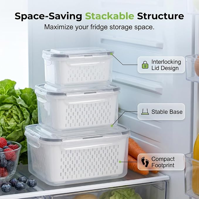 Fruit Storage Containers with Removable Colander (Blue 3PCS, Small) | Leakproof Produce Containers for Fridge, Produce Storage Containers, Fridge Organizers and Storage for Fruit, Vegetables - Image 5