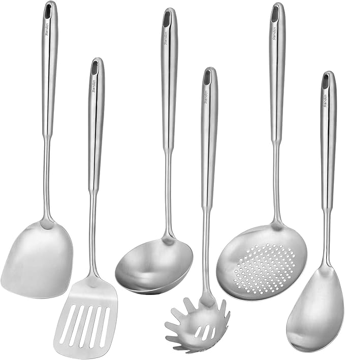 6 PCS All Metal Cooking Utensils Set - 18/10 Stainless Steel Kitchen Tools | Professional Cooking Spoons Set, 15" Spatula, Ladle, Skimmer Spoon, Pasta Serve, Large Spoon, Slotted Spatula Turner by Standcn
