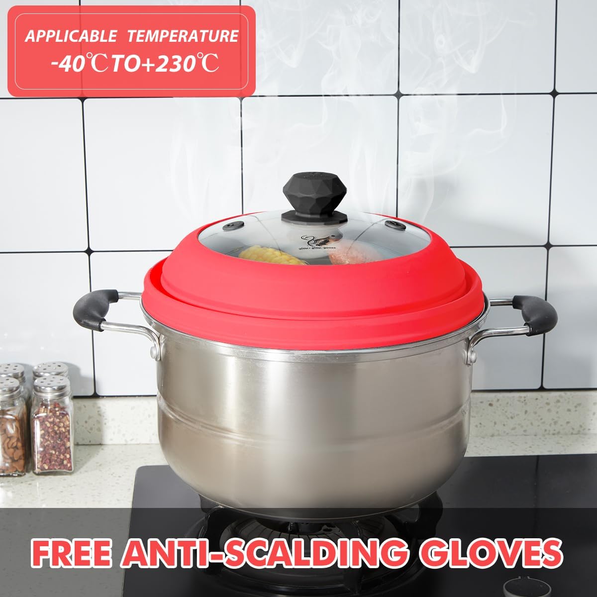 Microwave Splatter Cover Vented Glass Splatter Guard Lid with Collapsible Silicone for Food as Pot Cover 11.8 inch Large Plate for 6 7 8 9 10 11 inch Plate Bowl Red