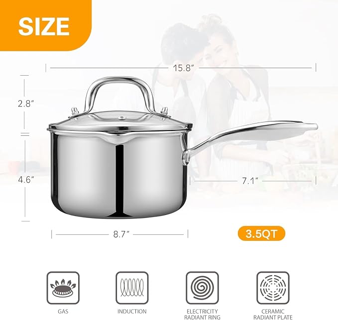 Cyrosa 3.5 Quart Saucepan with Lid, Stainless Steel Sauce Pot with Strainer Lid, Two Side Spouts for Easy Pour with Ergonomic Handle, Dishwasher Safe - Image 7