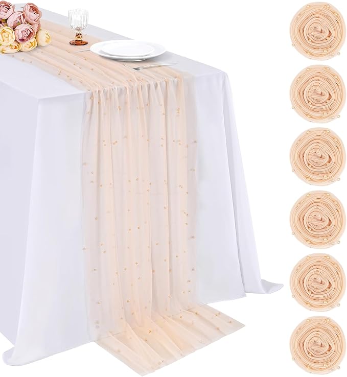 6 Pieces Pearl Tulle Table Runner 10ft Gauze Runners Champagne Desktop - Image 2