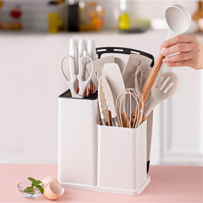 19 Pieces Kitchen Utensil and Knife Set with Block, with 11 Piece Silicone Cooking Utensils, 5 Pcs Sharp Stainless Steel Chef Knives Scissors Whisk Tongs and Cutting Board Beige - Image 2