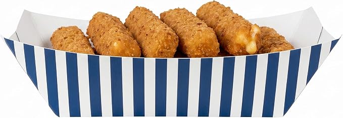 Restaurantware-Bio Tek 1 Pound Food Trays, 50 Disposable Paper Food Trays - Heavy-Duty, Greaseproof, Striped Paper Food Boats, for Snacks, Appetizers, Or Treats, Use At Parties Or Carnivals - Image 6