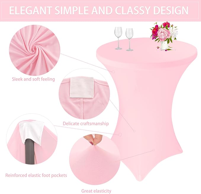 6 Pack Cocktail Spandex Tablecloth 32"x43" Pink Stretch Square Corners Cocktail Table Cover Fitted High Top Round Table for Bar Wedding Birthday Party Banquet - Image 3