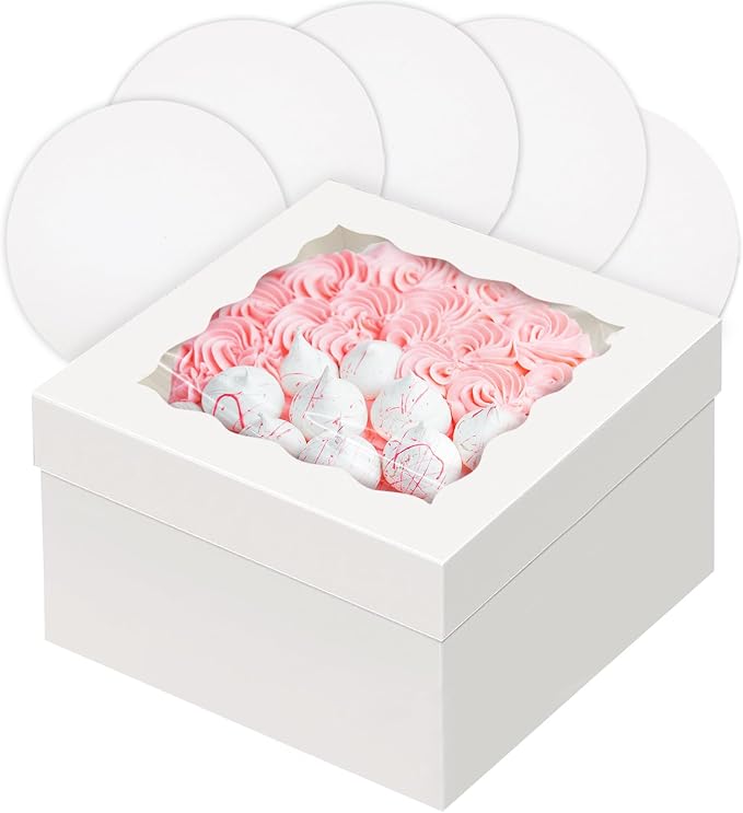 qiqee White 12x12x8 Cake Box, 4 Sets White Cake Box with Window ＆ 4 Sets 12" White Cake Round Boards, 12inch Cake Containers by Qiqee