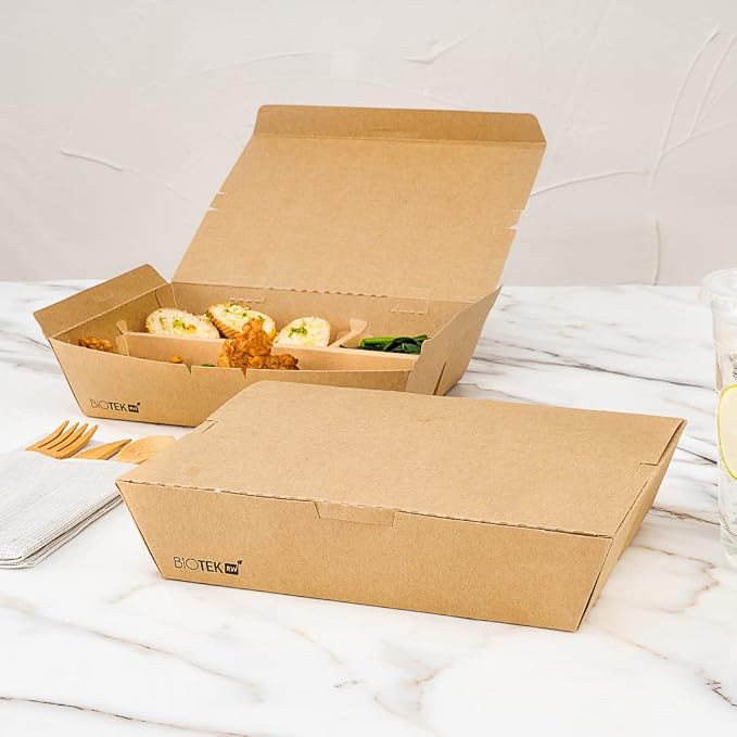 Restaurantware-Bio Tek 50.7 Ounce To Go Boxes, 100 Disposable Bento Boxes - 3 Compartments, Tab Lock Closure, Kraft Paper Take Out Box, Serve Hot and Cold Foods, For Restaurants or Parties - Image 7