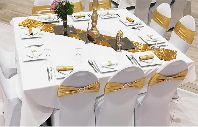Wedding Spandex Metallic Gold Chair Sashes 100 Pack Chair Bands with Buckle Bronzing Gold Chairs Bows for Party Birthday Bridal Shower Engagement Anniversary Christmas Event Decorations - Image 7