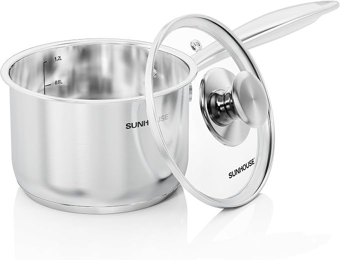 Sunhouse: Stainless Steel Saucepan - Advanced: 1.5 Quart - Tempered Glass Lid, 18/10, 3-Ply Bottom, Round-Edge Pot, All Cooktops, Oven-Dishwasher Safe by SUNHOUSE