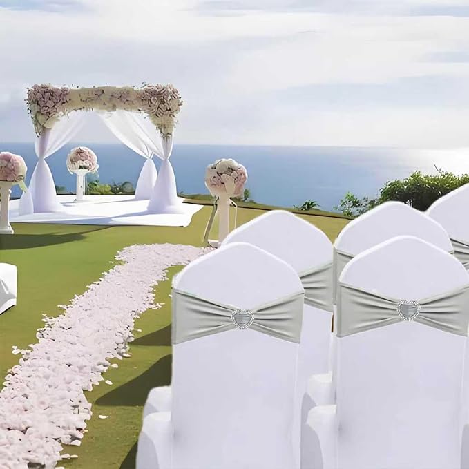 Silver Grey Chair Sashes 50 Pack Spandex Grey Sashes for Chairs Covers Universal Stretch Chair Sashes Band with Heart Buckle Slider for Wedding Banquet Party Decorations - Image 6