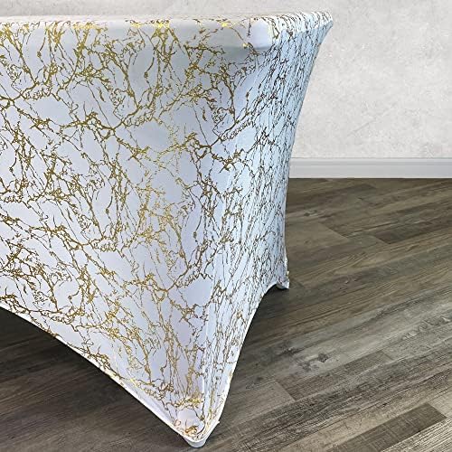 YOUR CHAIR COVERS 8 ft Spandex Rectangular Table Cover, White/Gold Marbling - Image 3