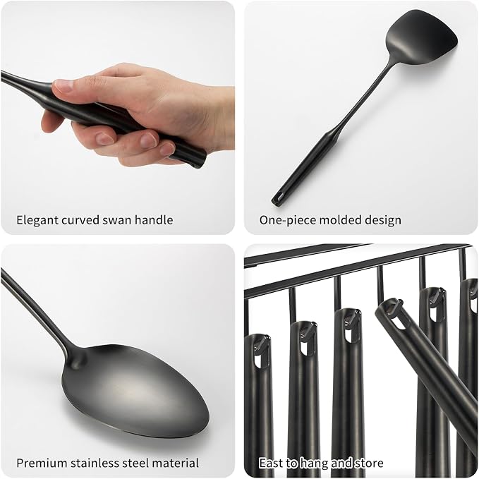 304 Stainless Steel Cooking Utensil,Kitchen Kitchen Utensil with Spatula, Solid Spoon, Ladle, Skimmer, Spaghetti Spoon, 6 Piece Set, Dishwasher Safe(Black) - Image 4
