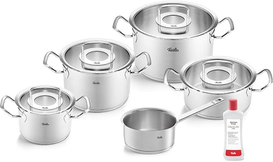 Fissler Original Profi Collection Stainless Steel Cooking Pot Set 5 Pieces with Glass Lid + Free Stainless Steel Care Induction Silver by Fissler