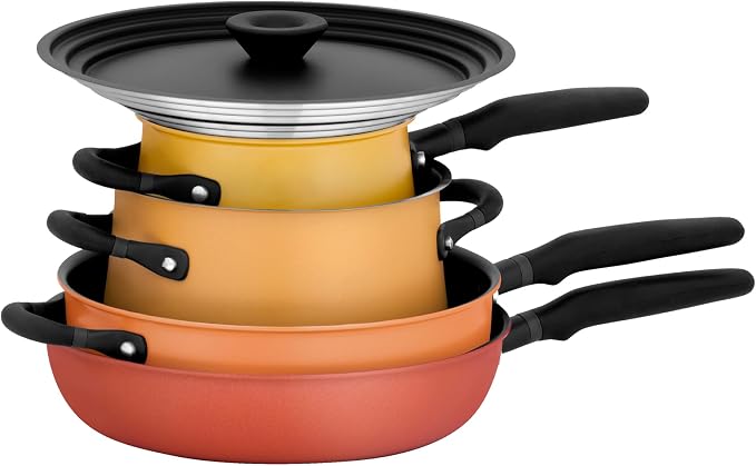 Meyer 6pc Stackable Set with Universal Lids | Hard Anodized Non Stick and Stainless Steel Pots and Pans | Induction Compatible | Dishwasher Safe | Oven Safe | Red, Orange, Yellow | Accent Cookware by Meyer