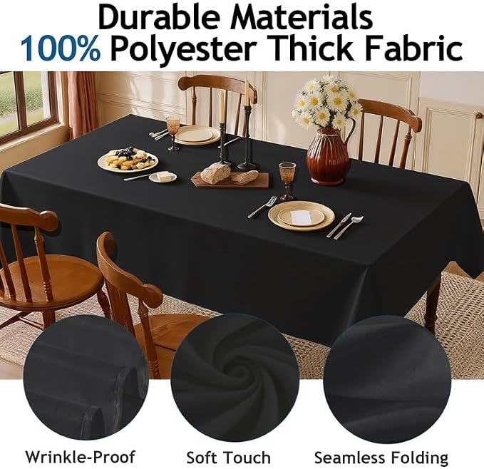 Rectangle Tablecloth 60" x 84", Black Washable Polyester Table Cloth, Wipeable Table Cover for Dining, Wedding, Birthday, Party, Banquet Decor, 6 Pack - Image 2