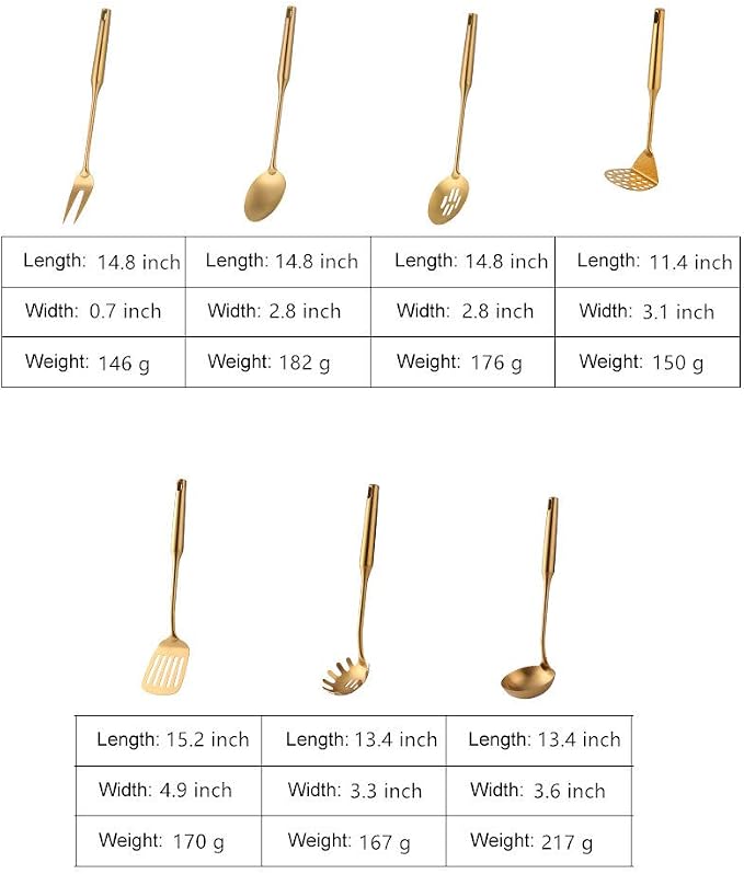 Gold Kitchen Utensil Set - 7 Pcs 304 Stainless Steel Cooking Utensils with Round Handles, Titanium Plated Cookware Tools, Including Spatula Ladle Spoon Fork, Kitchen Gadgets for Home Cooking - Image 2