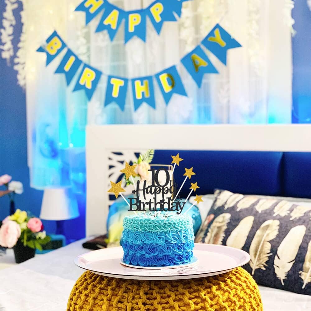 Glittery 10th Happy Birthday Cake Topper with Star,Personalised 10 Birthday Cake Toppers Party Decorations Party Supplies for Boys Girls Black Gold