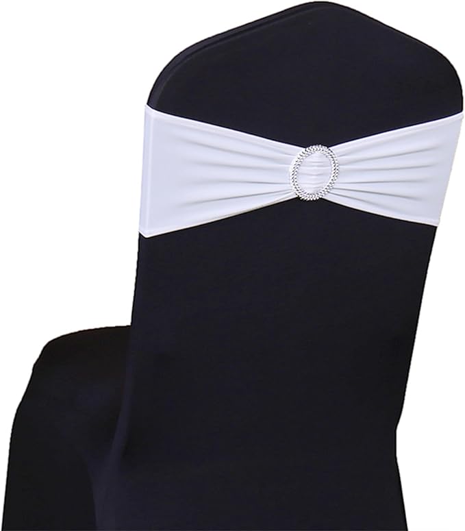 Wedding White Chair Sashes 100 Pack Spandex Chair Bands with Buckles Slider Chairs Bows for Party Birthday Bridal Shower Engagement Anniversary Christmas Event Decorations by SINSSOWL