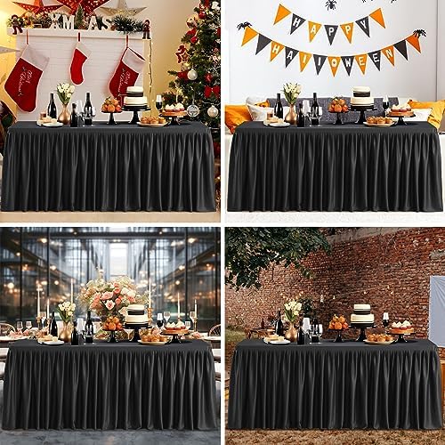 PARTISKY 6 Pack Black Tablecloths for Rectangle Tables 8ft, Wrinkle Resistant Black Table Cover Fitted Stretch Table Cloth with Pleated Ruffle Skirts for Party Banquet Dining Birthday Wedding - Image 3