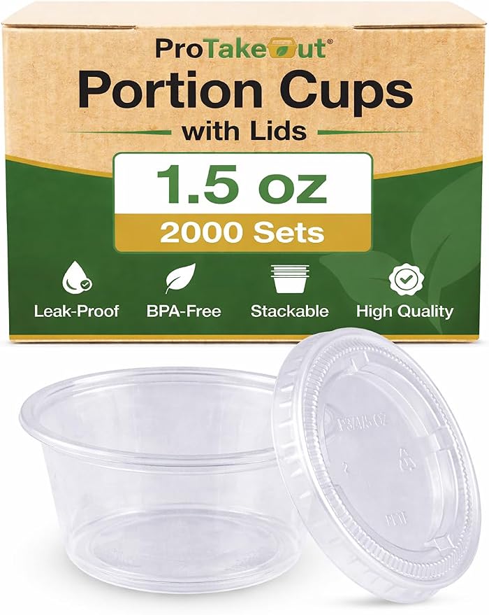 0.75-5.5 oz Plastic Portion Cups with Lids, 100-2000 Count, Dessert Cups with Lids, Jello Shot Cups with Lids, Small Plastic Cups for Salad Dressing & Condiments (2000, 1.5, ounces) by ProTakeOut