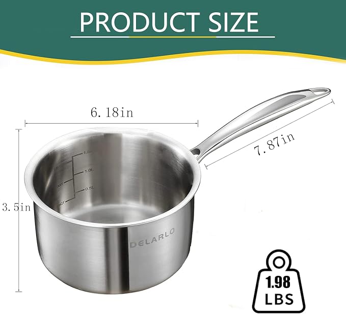 DELARLO Full-body Clad Tri-ply Stainless Steel 1 Quart Saucepan with Lid - Image 3