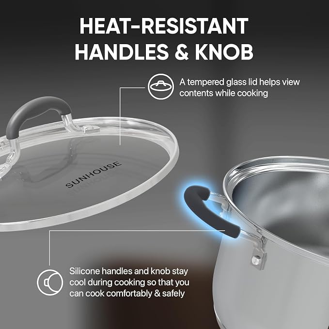 Sunhouse: 2-Tier Stainless Steel Steamer Pots - 3.1 Quart - Tempered Glass Lid, 3-Ply Bottom, Vegetable-Dumpling-Food Cookware, Dishwasher & Oven Safe - Image 3