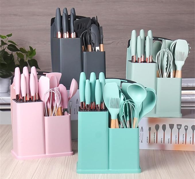 Kitchen Utensil and Knife Set with Storage, 19 in 1 Set with 11 Piece Silicone Cooking Utensils, 5 Pcs Sharp Stainless Steel Chef Knives Scissors Whisk Tongs and Cutting Board Teal - Image 3