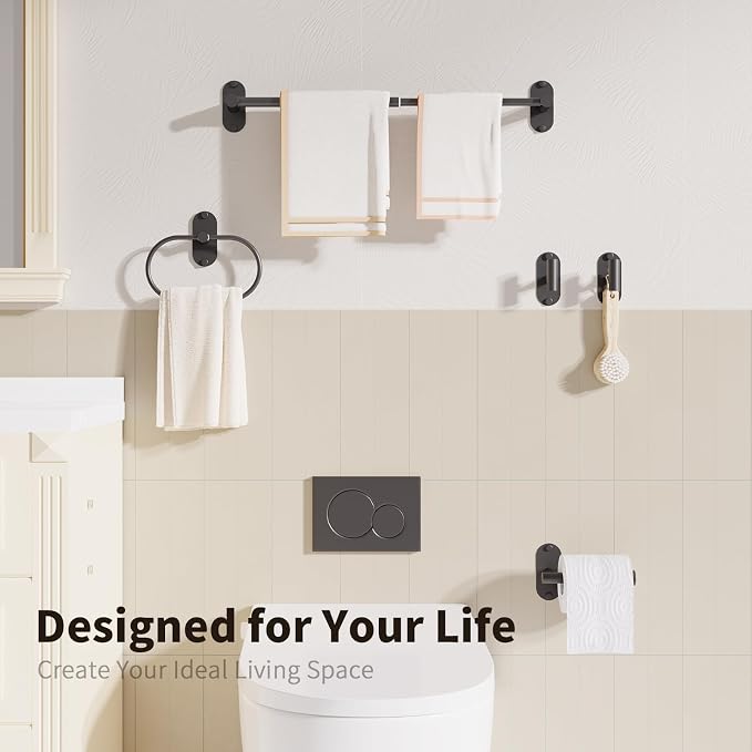 5-Piece Bathroom Hardware Set, Adhesive or Drill Wall Mount, Black - Image 6
