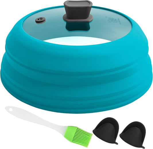 Microwave Splatter Cover Glass Microwave Cover for Food Collapsible Splatter Guard Lid with Silicone Handle for Pot Plate Bowl 11.8 Inch Blue