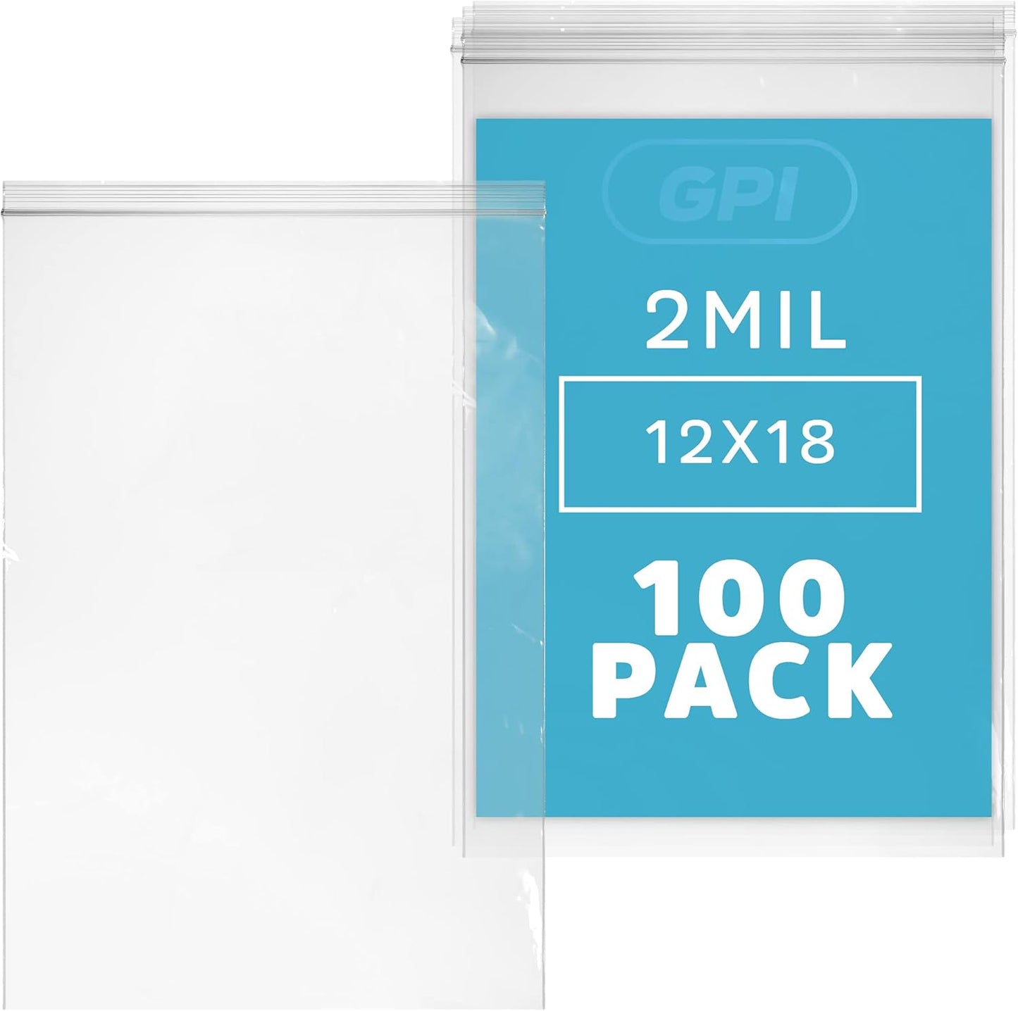 GPI Pack of 100, 12" X 18" Clear Plastic Reclosable Zip Bags - Bulk 2 Mil Thick Strong & Durable Poly Baggies with Resealable Zip Top Lock for Travel, Storage, Packaging & Shipping