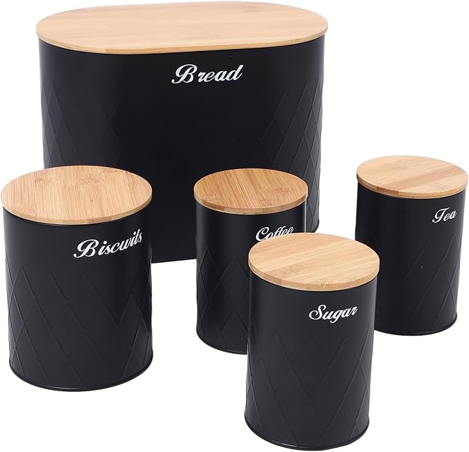 Set of 5 Bread Box and Canister Set for Kitchen Countertop, Metal Bread Bin Biscuit Sugar Tea Coffee Storage Canister with Lid, Black - Image 3