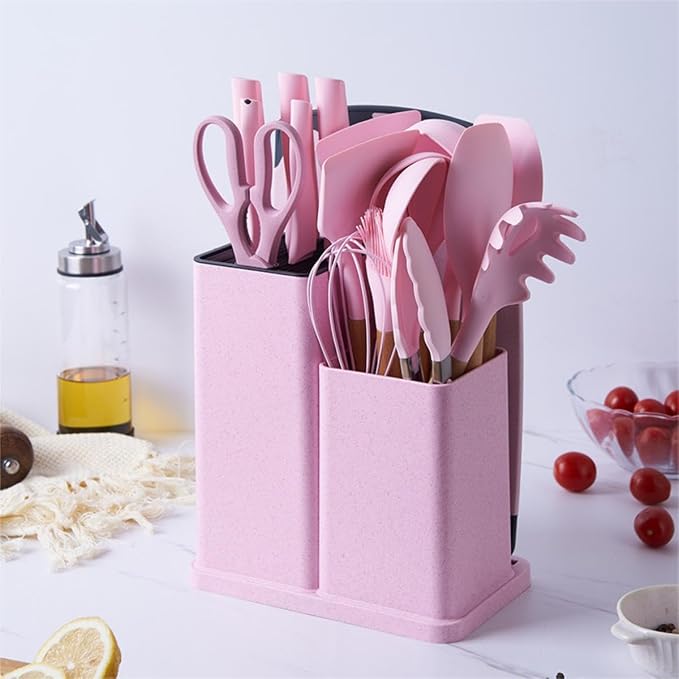 19 Pcs Kitchen Cooking Utensils and Knife Set with Block, with 11 Piece Silicone Cooking Utensils Set 5 Pcs Sharp Stainless Steel Chef Knives Scissors Whisk Tongs and Cutting Board (Cherry Pink) - Image 5