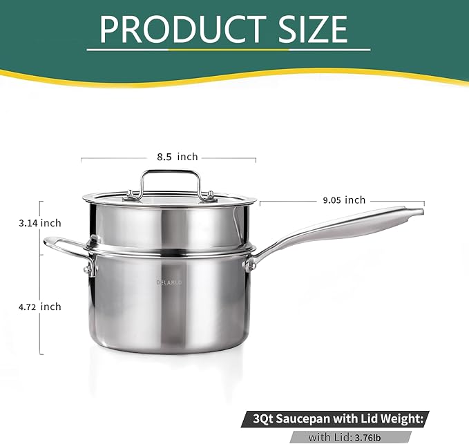 DELARLO Tri-Ply Whole-Clad Stainless Saucepan 3.8 Quart Steamer Set - Image 3