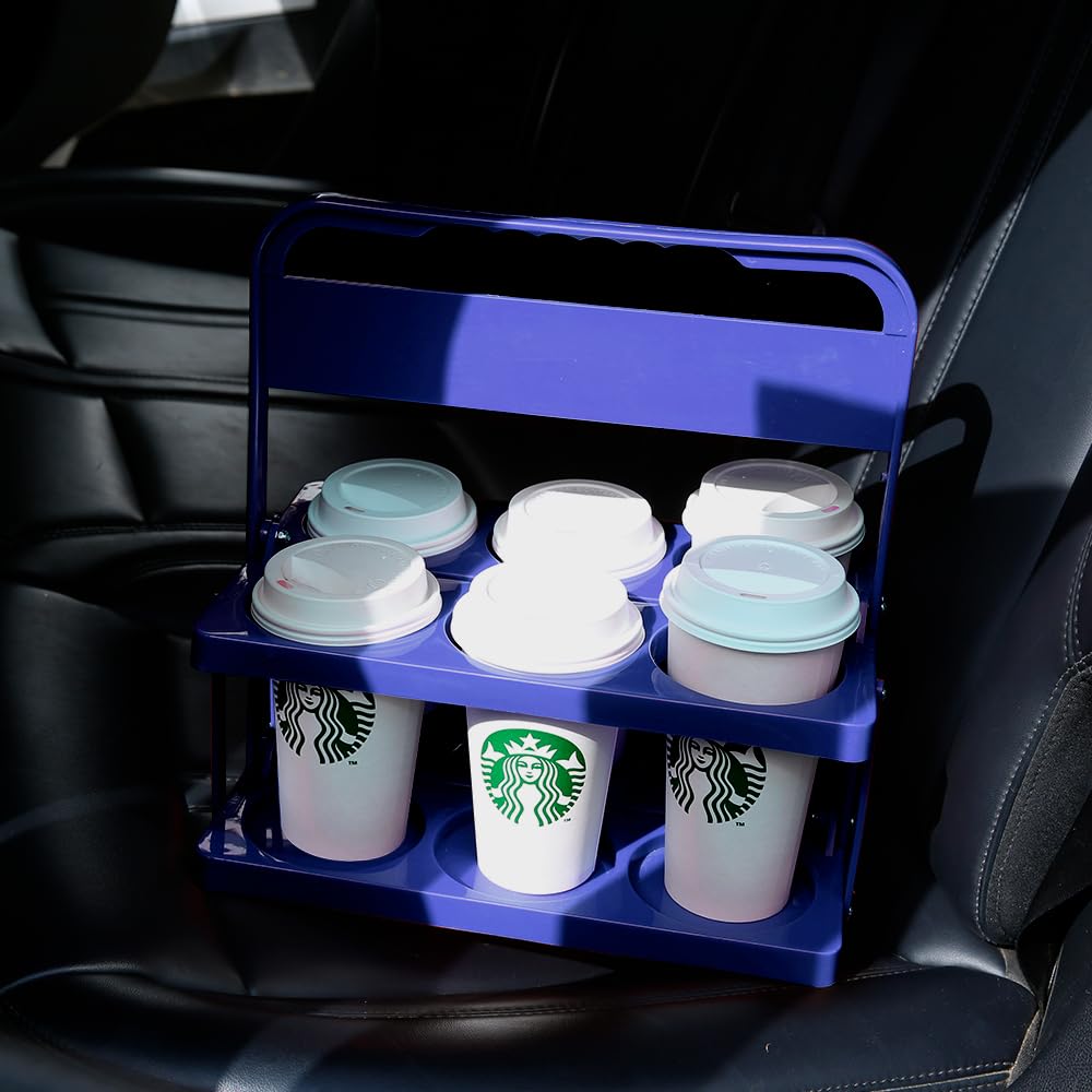 Bodaon 6 Cup Drink Carrier with Handle, Plastic Cup Carriers for Drinks, Drink Holder for Car, GrubHub/Eats Doordash Accessories, Portable Foldable Reusable Mobile, Use for Food Delivery Bag, Purple